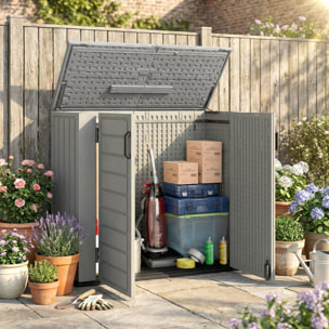 Armario de Exterior de HDPE, 940L, Caseta de Jardín Exterior con Tapa Abatible, 2 Puertas, Cerradura, Cobertizo de Jardín para Almacenaje Herramientas, 142x67x119 cm, Gris Claro