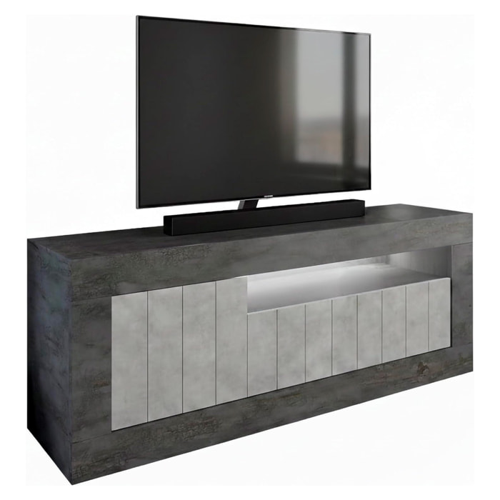 Mobile TV Basso In Melaminico Con Anta Laterale E Ribalta Vano A Giorno Ripiani Mensole Interne Moderno 136.9 x 41.8 x 56 Cm Ossido e Grigio Cemento