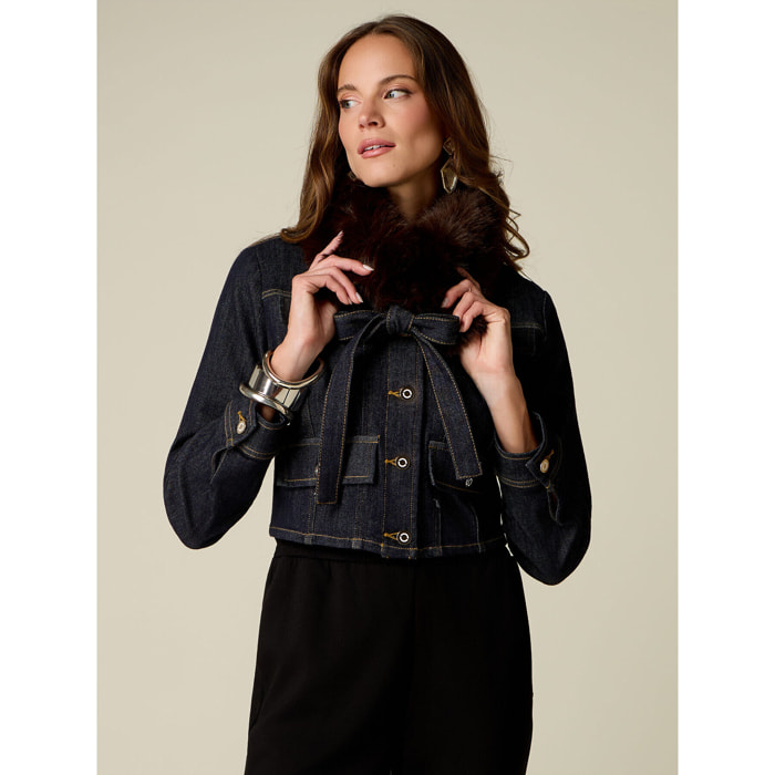 Oltre - Chaqueta vaquera con cuello de borreguito - Azul