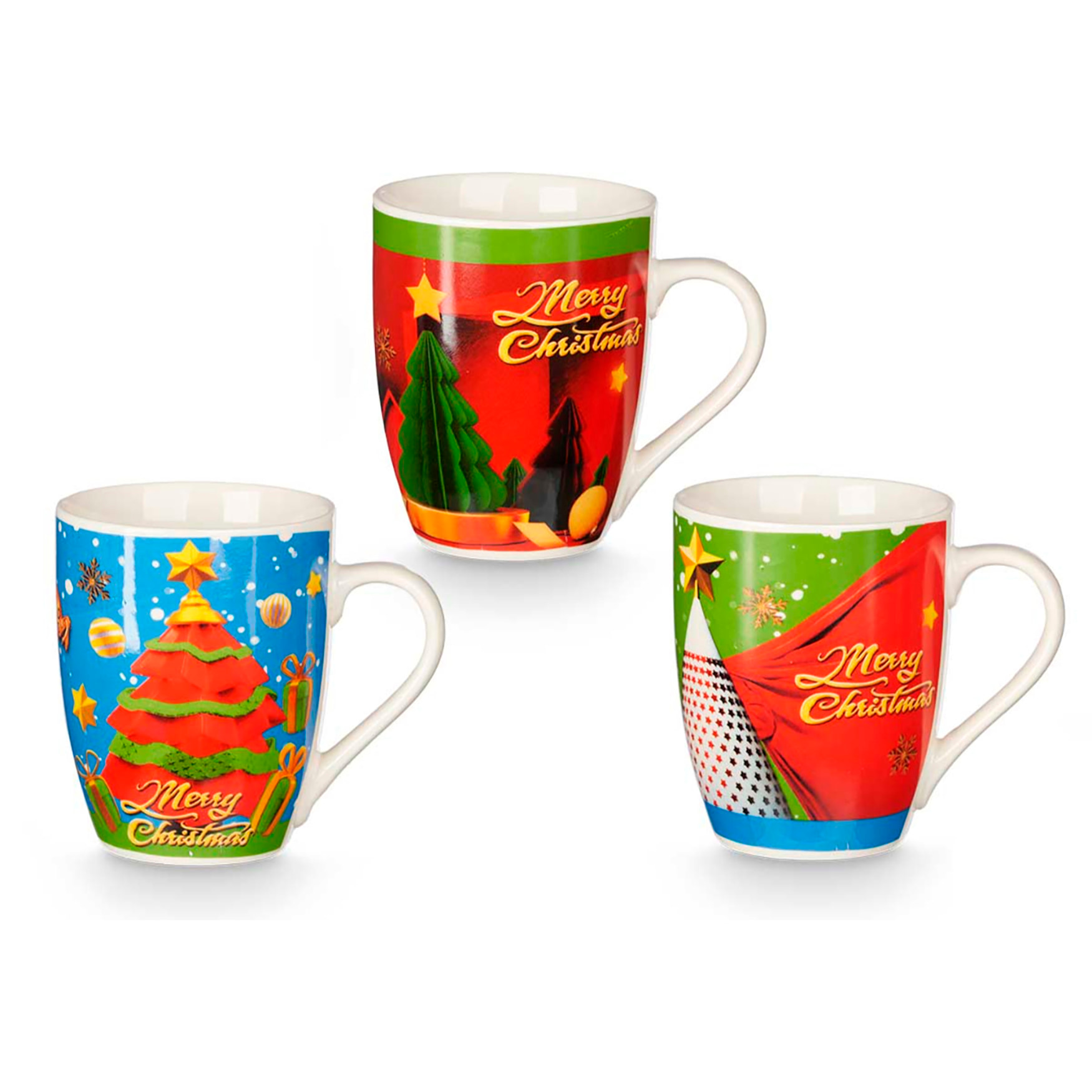 Pacchetto di 3 tazze di Natale 350ml. Assortimento di 3 design di alberi.