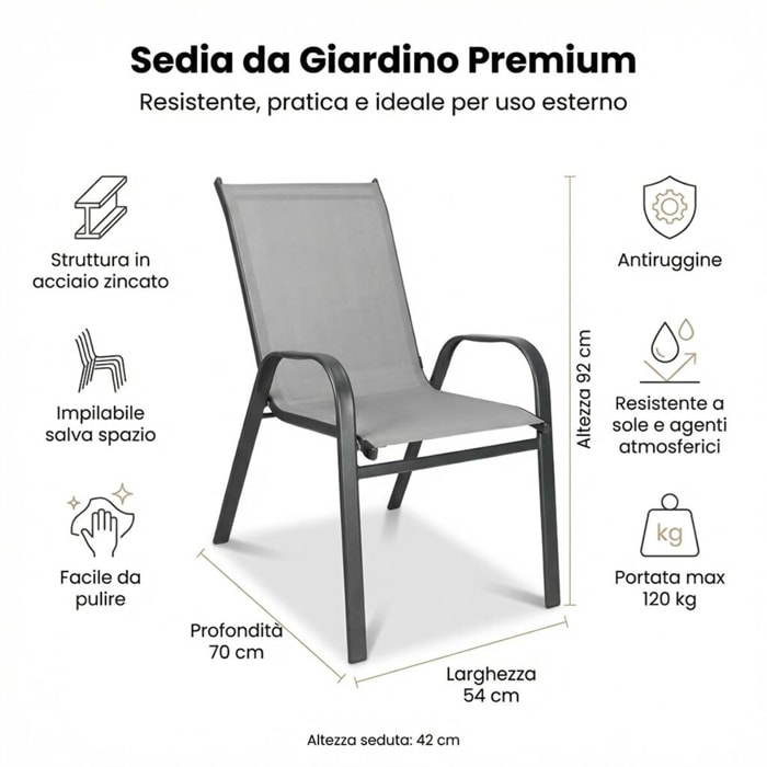 Set 2 sedie da giardino in acciaio zincato verniciato a polvere con seduta in texilene traspirante, resistenti agli agenti atmosferici, leggere e confortevoli, ideali per balcone terrazzo e outdoor, facili da pulire e durevoli