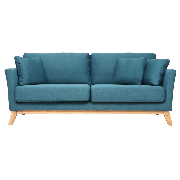 Canapé scandinave déhoussable 3 places en tissu bleu canard et bois clair OSLO