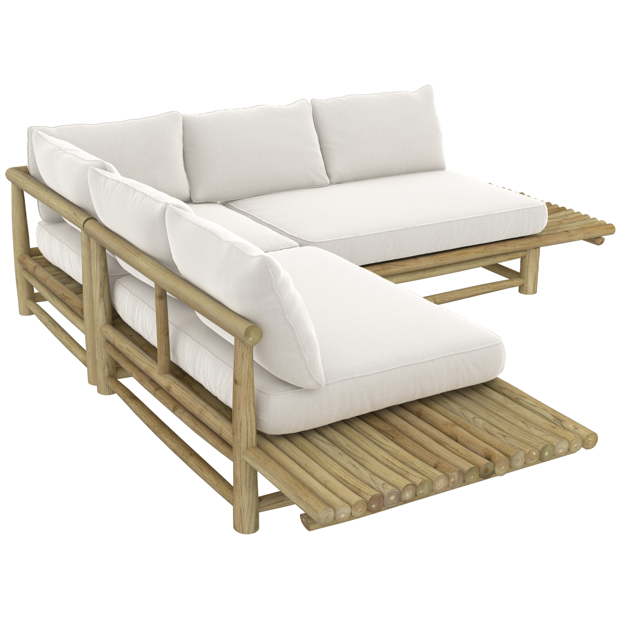 Canapé d'angle de jardin 4 places en teck et coussins blancs - Sunny