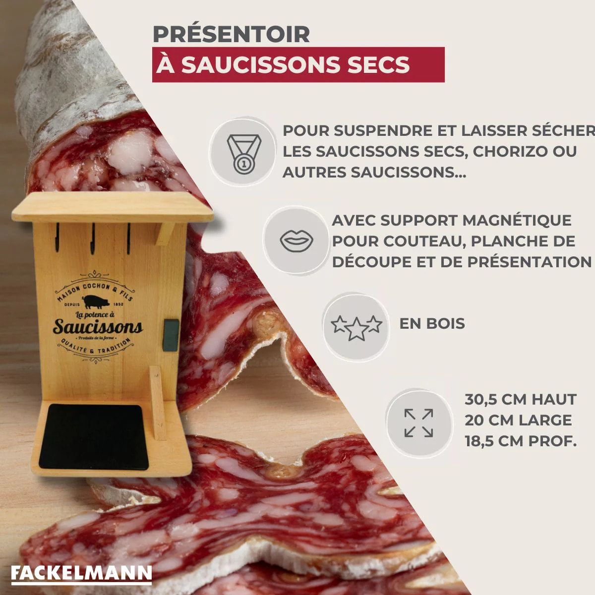 Support en bois pour saucisson sec avec crochets Fackelmann