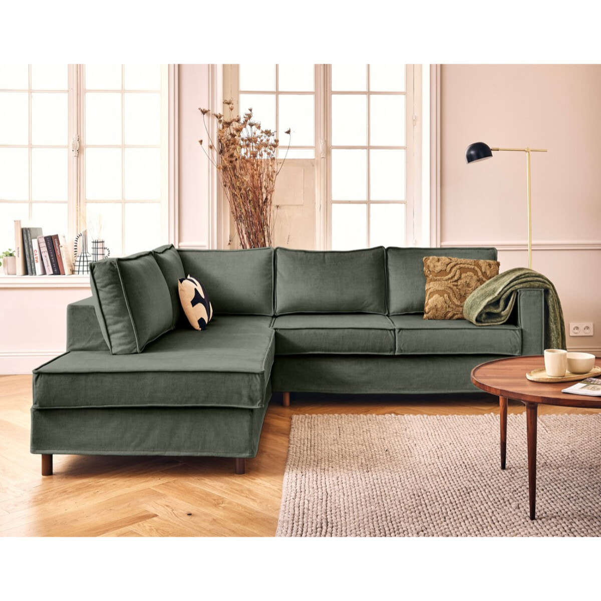 Jake - canapé déhoussable d'angle gauche 5 places en velours - Vert