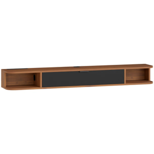 Meuble TV suspendu 140cm - porte, 2 niches, espace routeur, passe-fils - effet bois noyer noir
