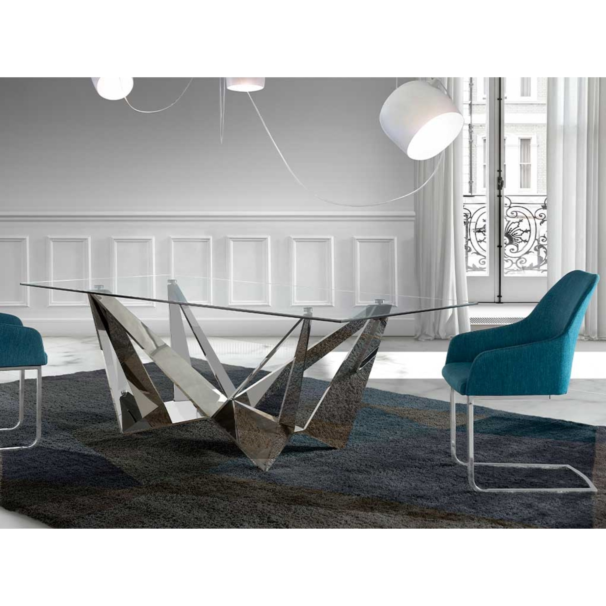 Mesa fija rectangular – Vidrio y acero efecto espejo