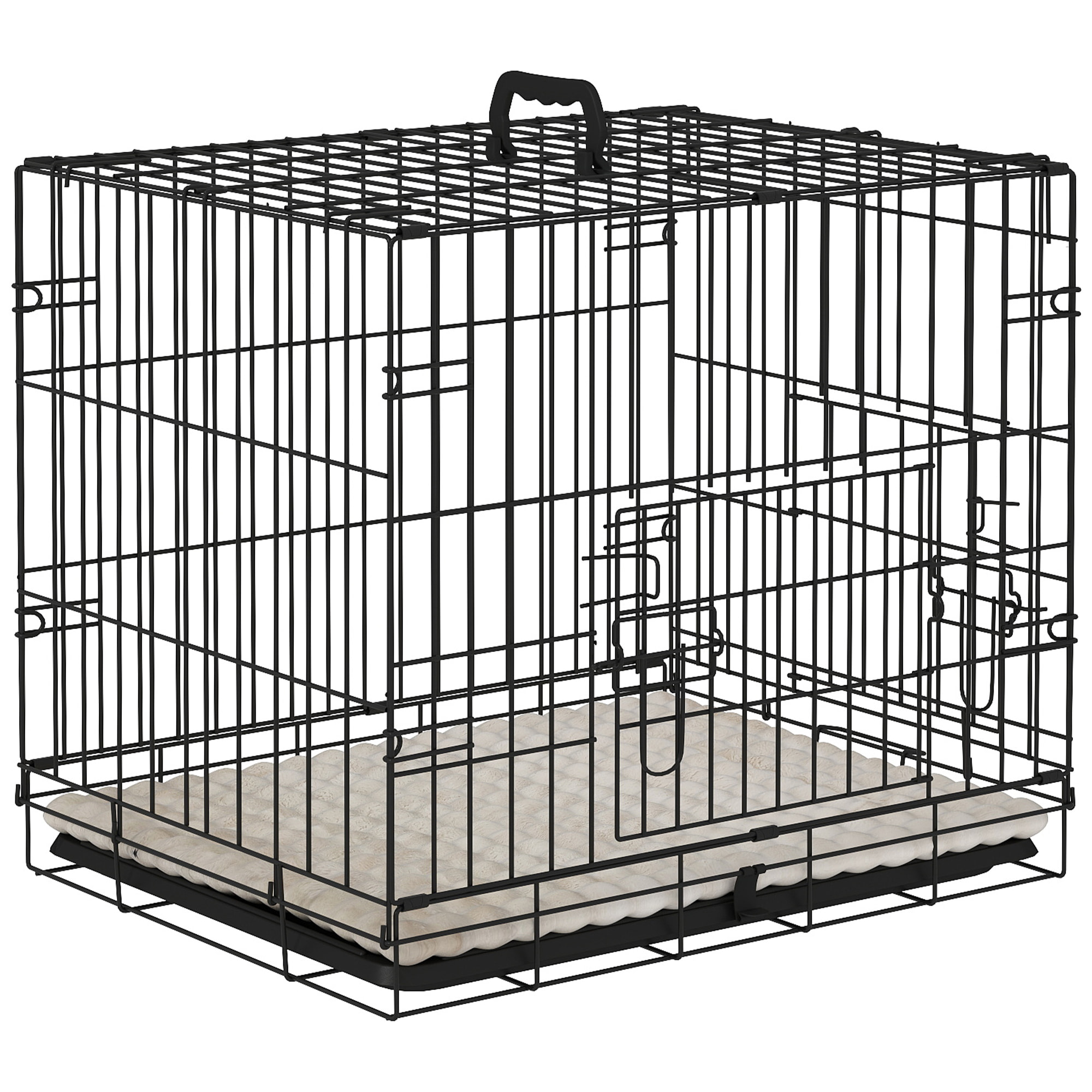 Jaula para Perros Plegable Jaula para Perros Pequeños con Cojín 2 Puertas Bandeja Extraíble y Marco de Alambre Metálico 60x40x50 cm Negro y Beige