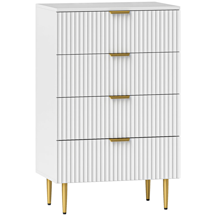 Commode 4 tiroirs design effet cannelé piètement poignées métal doré blanc