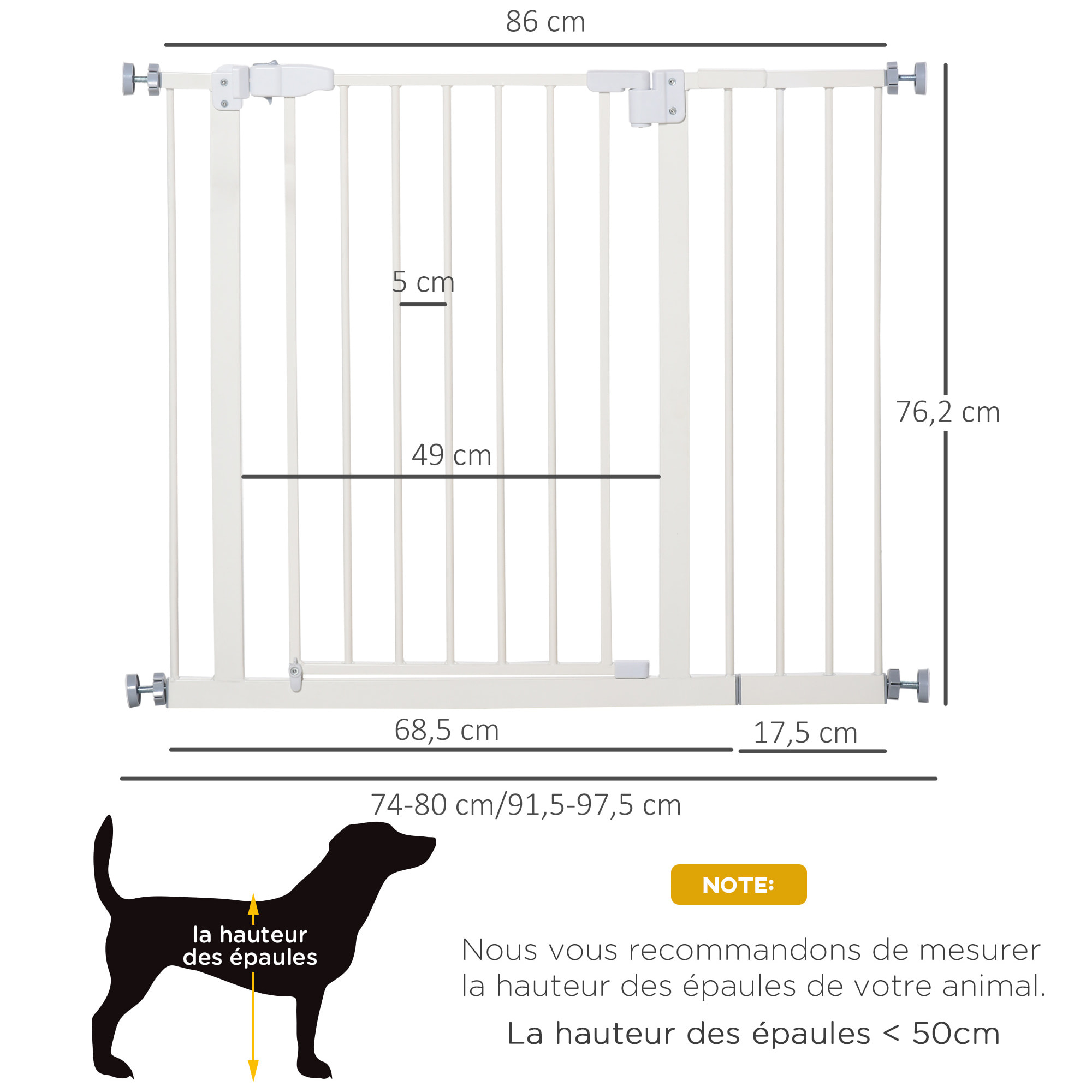 Barrière de sécurité animaux - longueur réglable dim. 74-97,5 cm - porte double verrouillage, ouverture double sens -sans perçage - acier plastique blanc