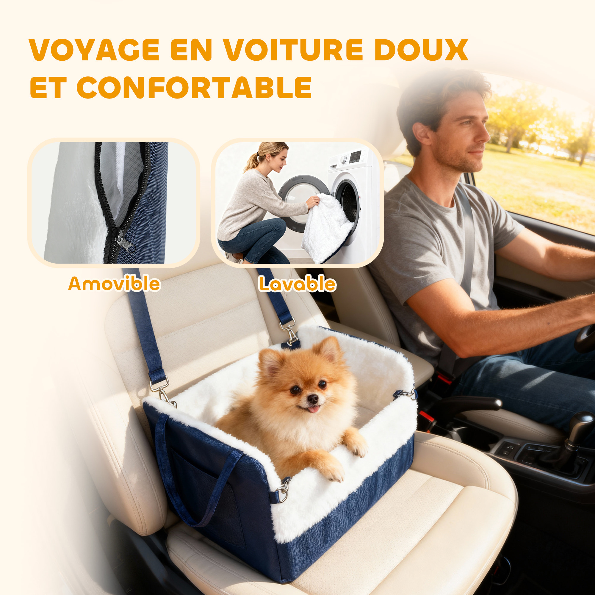 Siège auto sac de transport chien 2 en 1 - réglable - revêtement effet fourrure déhoussable - polyester bleu