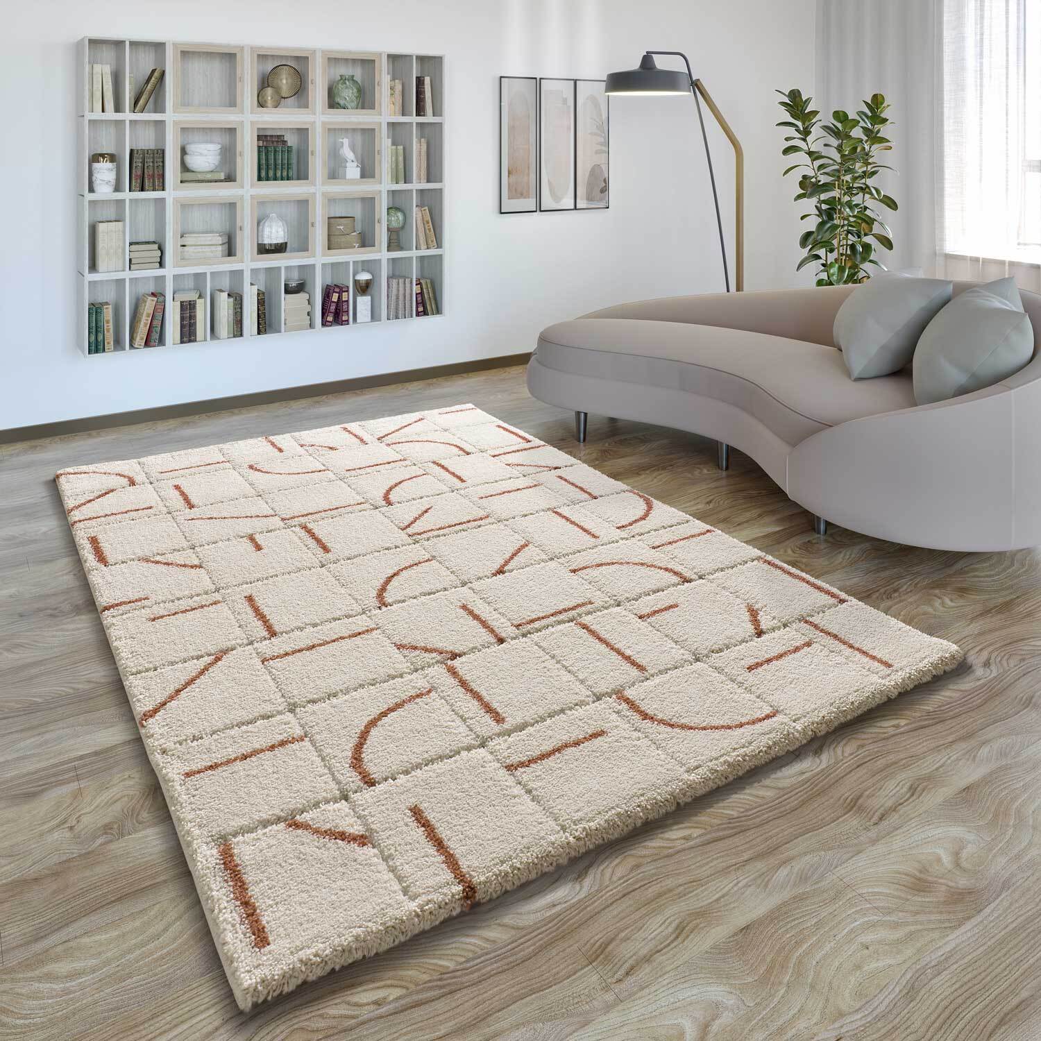 BRENDA Alfombra shaggy geométrica con relieve blanco y motivos caldera, varias medidas disponibles