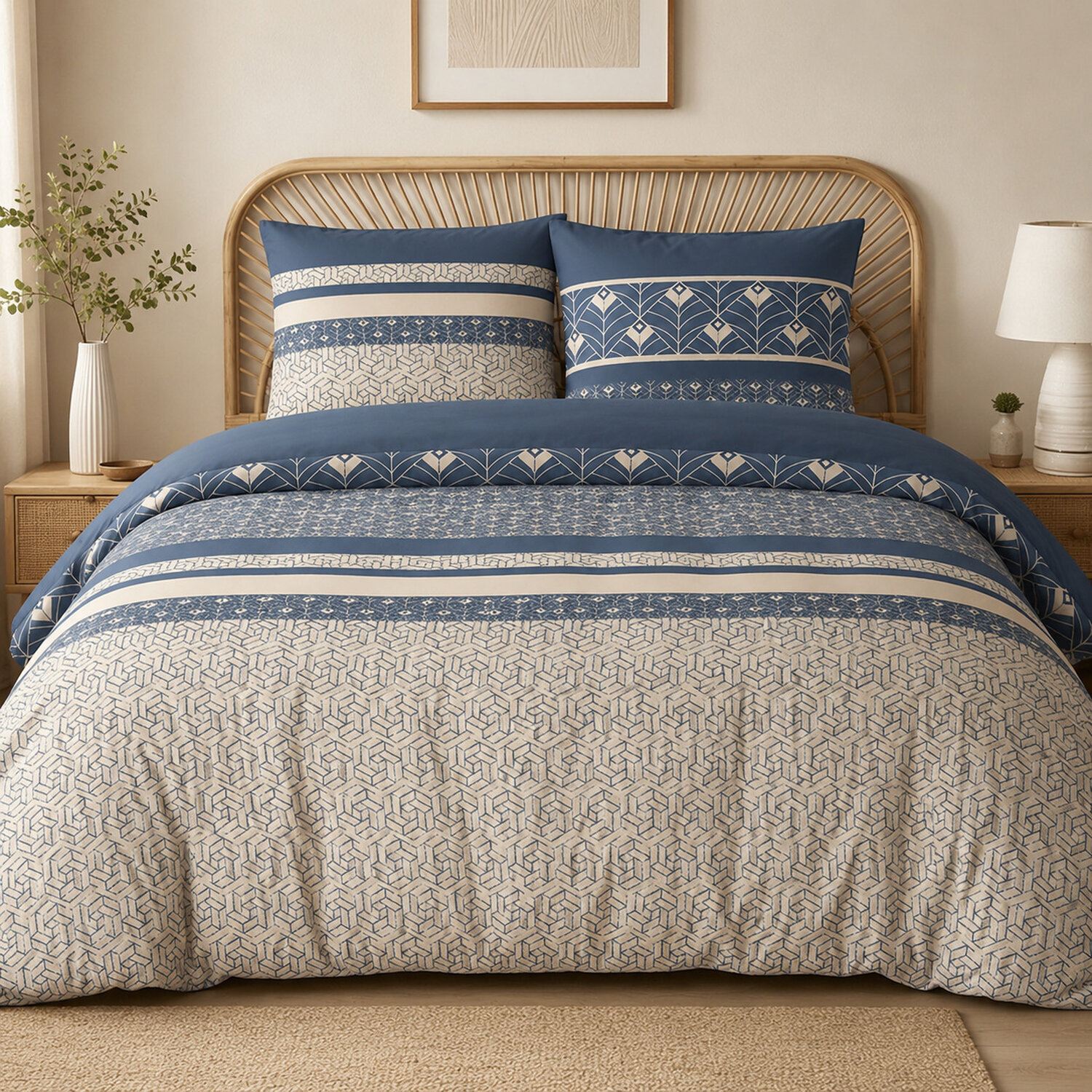 Parure housse de couette 240x220 cm imprimée graphique + 2 taies 100% Coton - HAVRIL