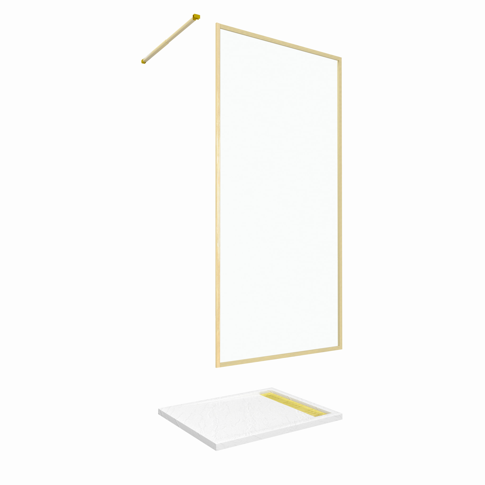 Paroi de Douche 100x200cm + Grille Finition Or Doré Brossé + Receveur Blanc effet pierre 100x80x4cm