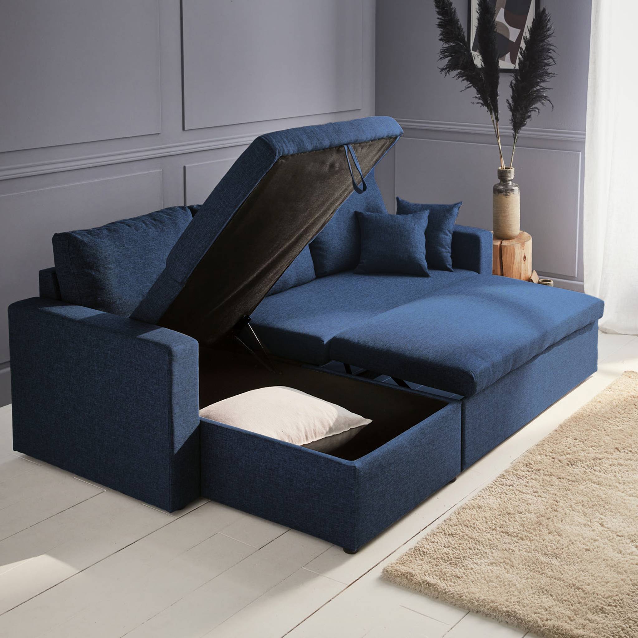 Canapé d'angle convertible en tissu bleu - IDA - 3 places. fauteuil d'angle réversible coffre rangement lit modulable