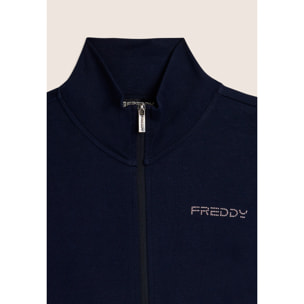 Tuta con zip e collo alto, logo in perline