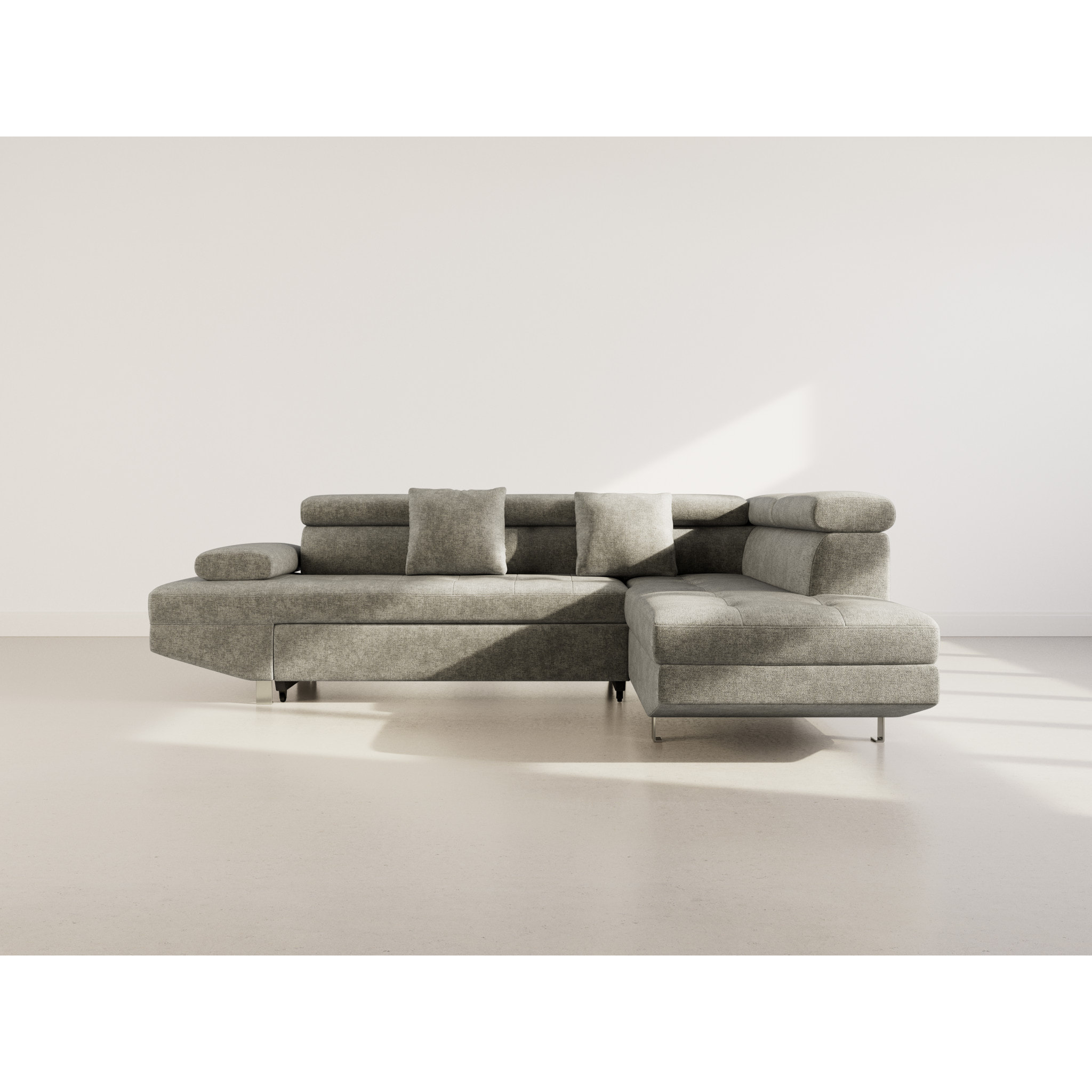 Margaux - Canapé d'angle droit 5 places convertible avec coffre et têtières réglables en velours texturé - Vert