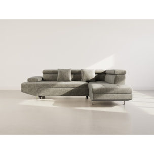 Margaux - Canapé d'angle droit 5 places convertible avec coffre et têtières réglables en velours texturé - Vert