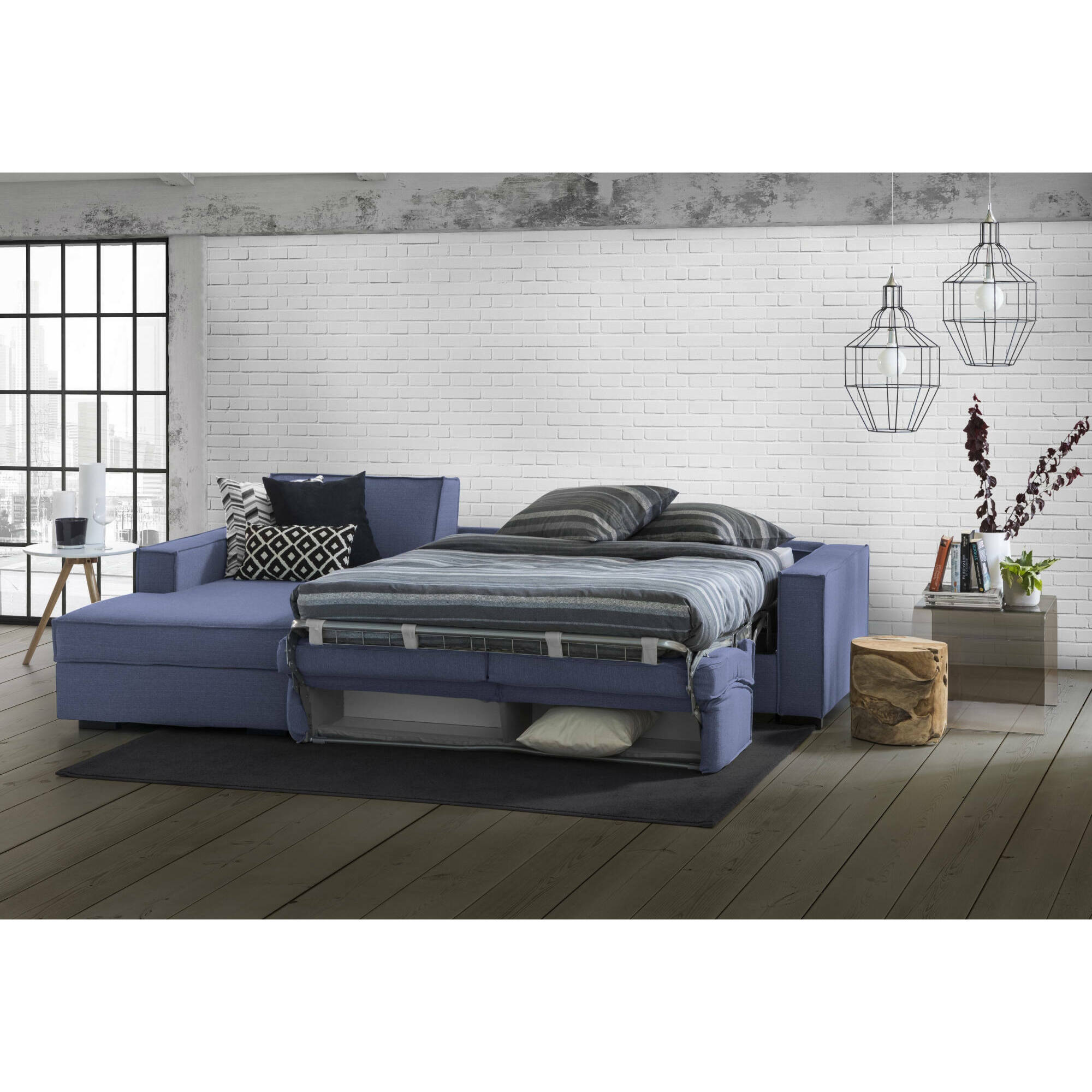 Divano Letto Adelina, Divano ad angolo, 100% Made in Italy, Sofà con apertura girevole, Penisola contenitore Sinistra, con Braccioli standard, Cm 280x95h90, Blu