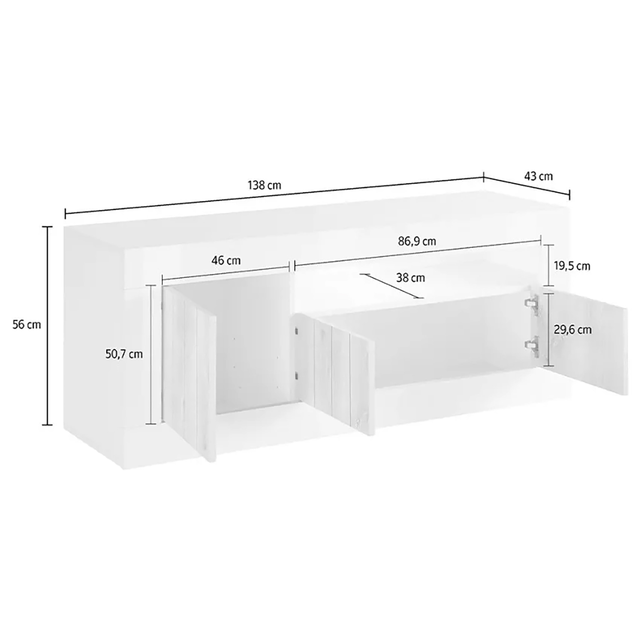 Mobile da soggiorno Porta TV, Made in Italy, Credenza per TV da salotto a 3 ante e ripiani, cm 138x56h42, colore Bianco lucido e cemento