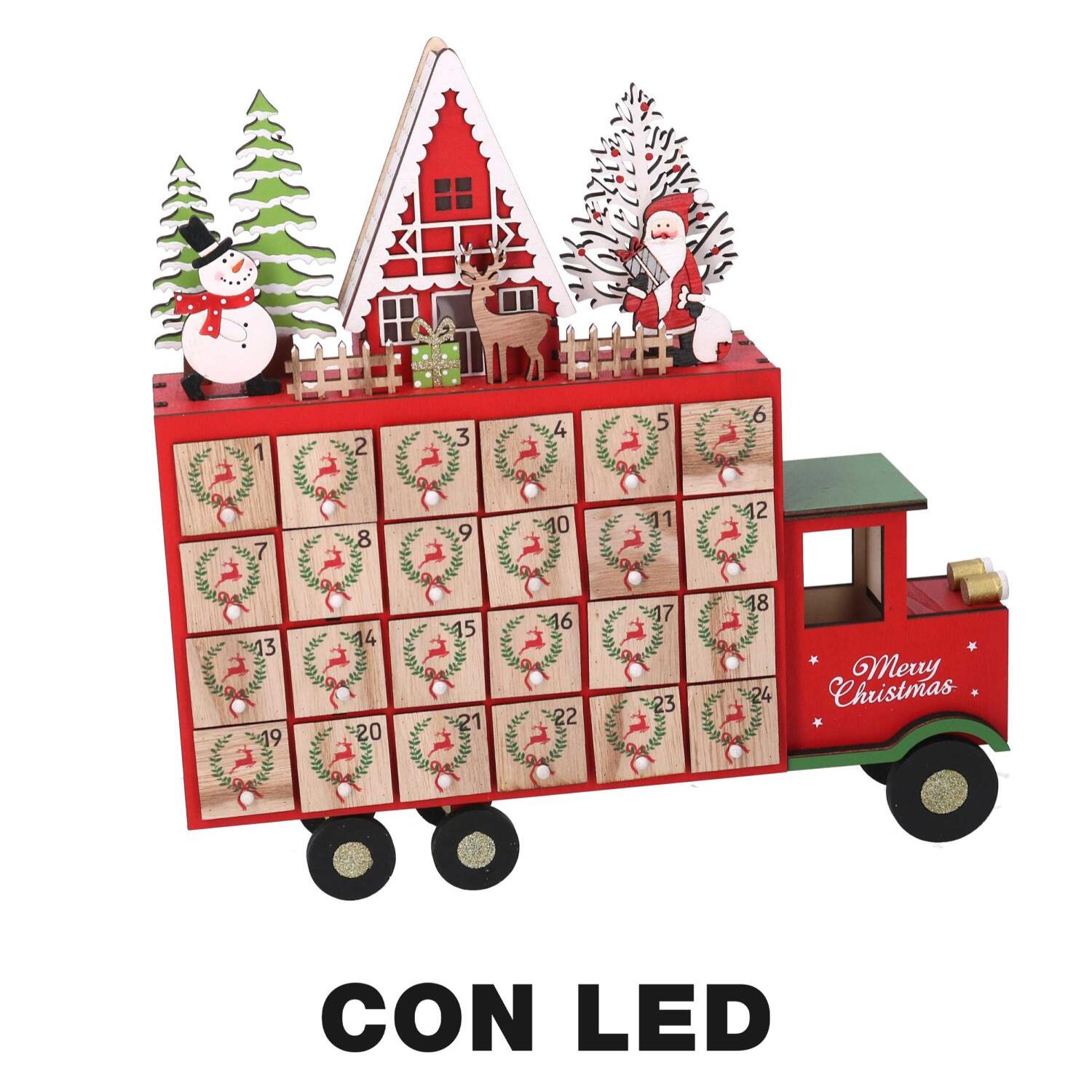 Calendario dell'avvento in legno led furgone rosso cm32x7h32