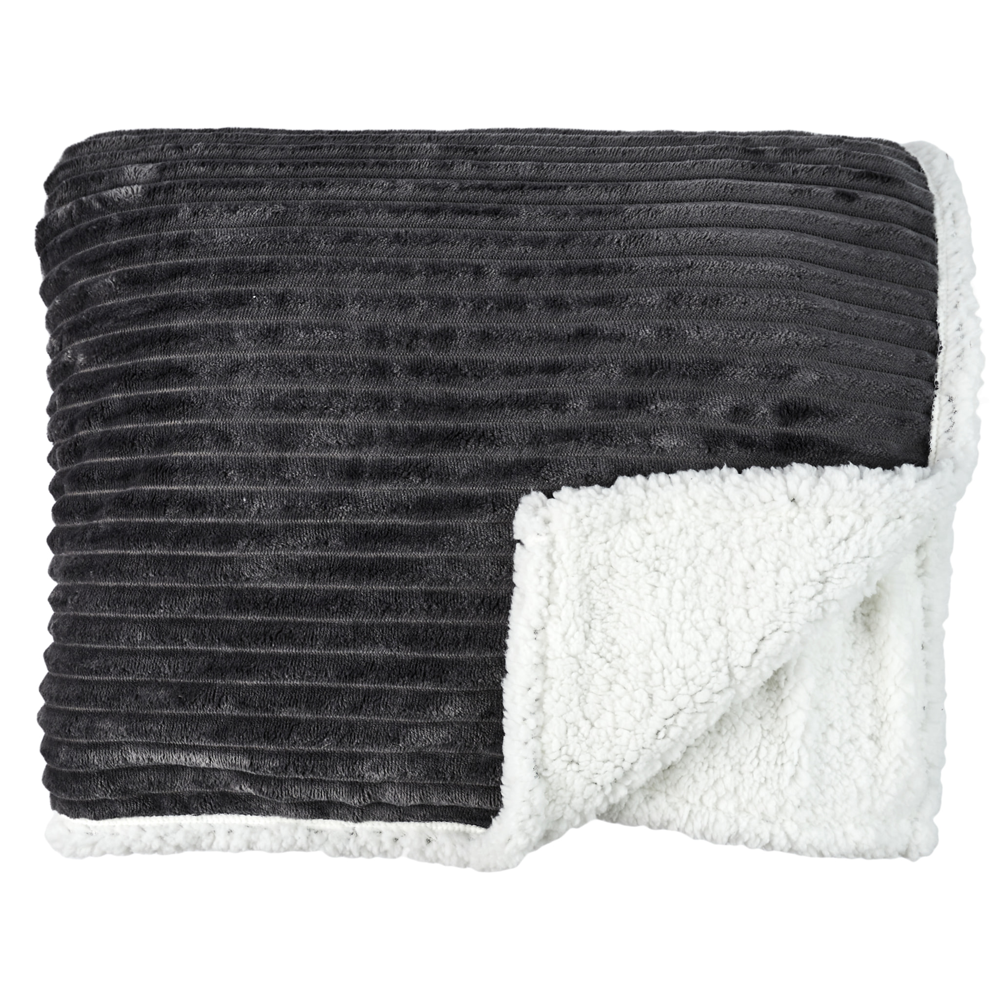 Plaid - HOME DECO FACTORY - Flanelle - Côtelé - Sherpa - Gris - 180 x 220 cm