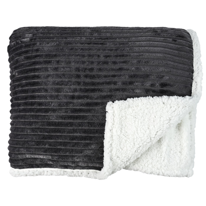 Plaid - HOME DECO FACTORY - Flanelle - Côtelé - Sherpa - Gris - 180 x 220 cm