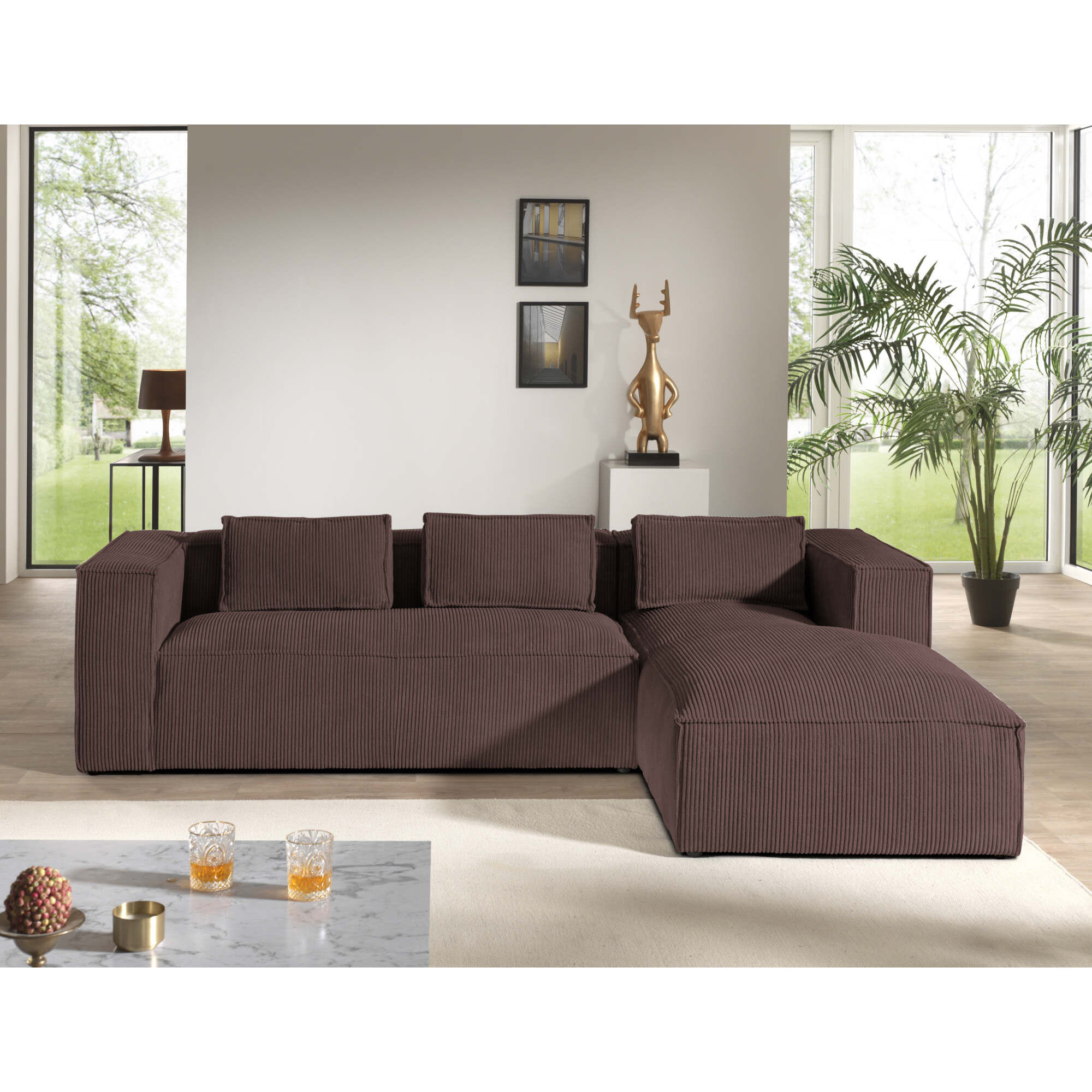 Stella - canapé d'angle droit en velours côtelé - 4 places -style contemporain - Marron