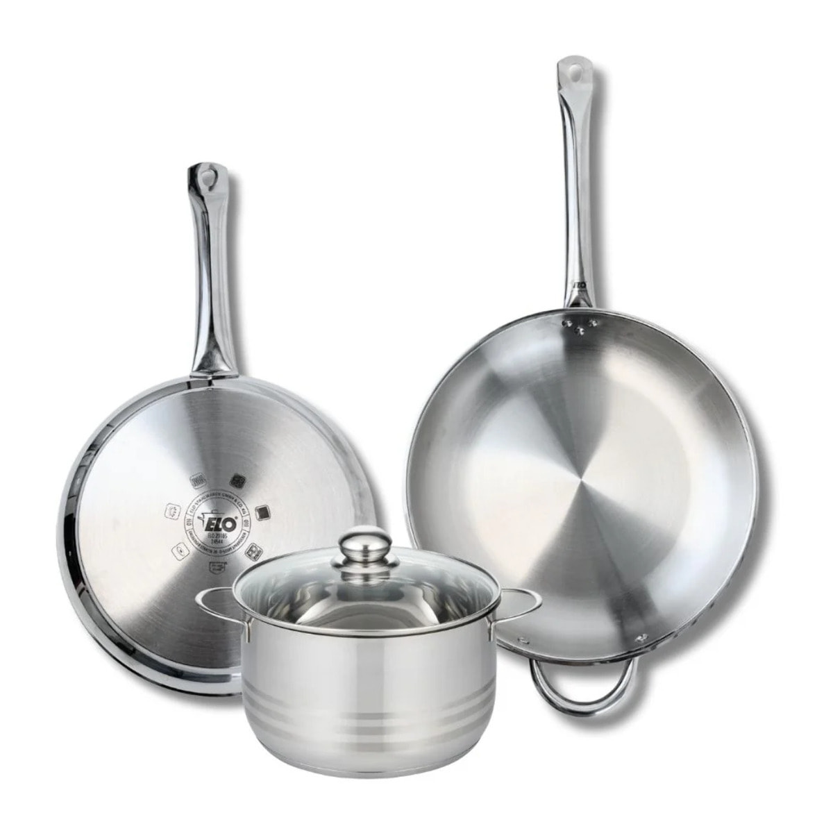 Ensemble de 2 Poêles de cuisson 28 et 32 cm et 1 faitout 20 cm Elo Profi Brillant