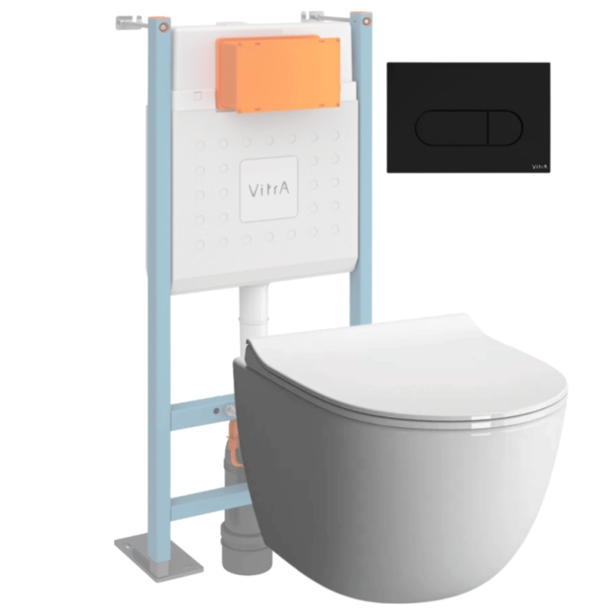Pack WC suspendu VITRA Sento blanc + bâti autoportant V-Fix Core + Plaque Round Noir mat