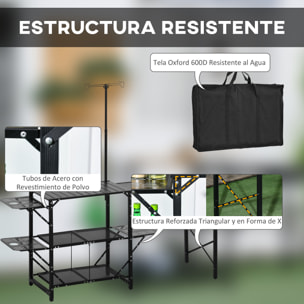 Mesa de Cocina de Camping de 3 Niveles Mesa de Camping Plegable Portátil con Estantes de Almacenaje Fregadero Soporte para Lámpara y Bolsa de Transporte para Exterior 173x52x80-174 cm Negro