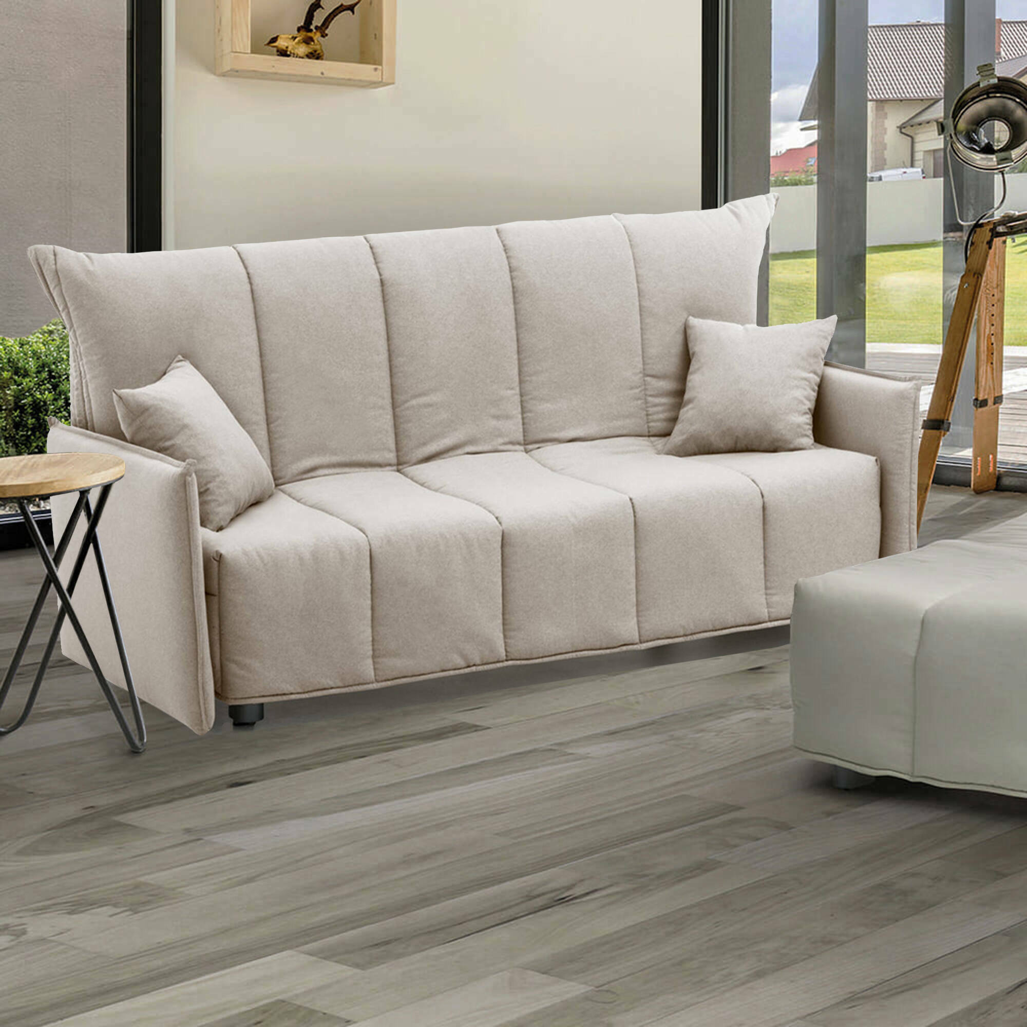 Divano Letto Allyson, Divano a 3 posti, 100% Made in Italy, Sofà Soggiorno con apertura a carrello, in tessuto imbottito, con Braccioli standard, Cm 190x90h85, Beige