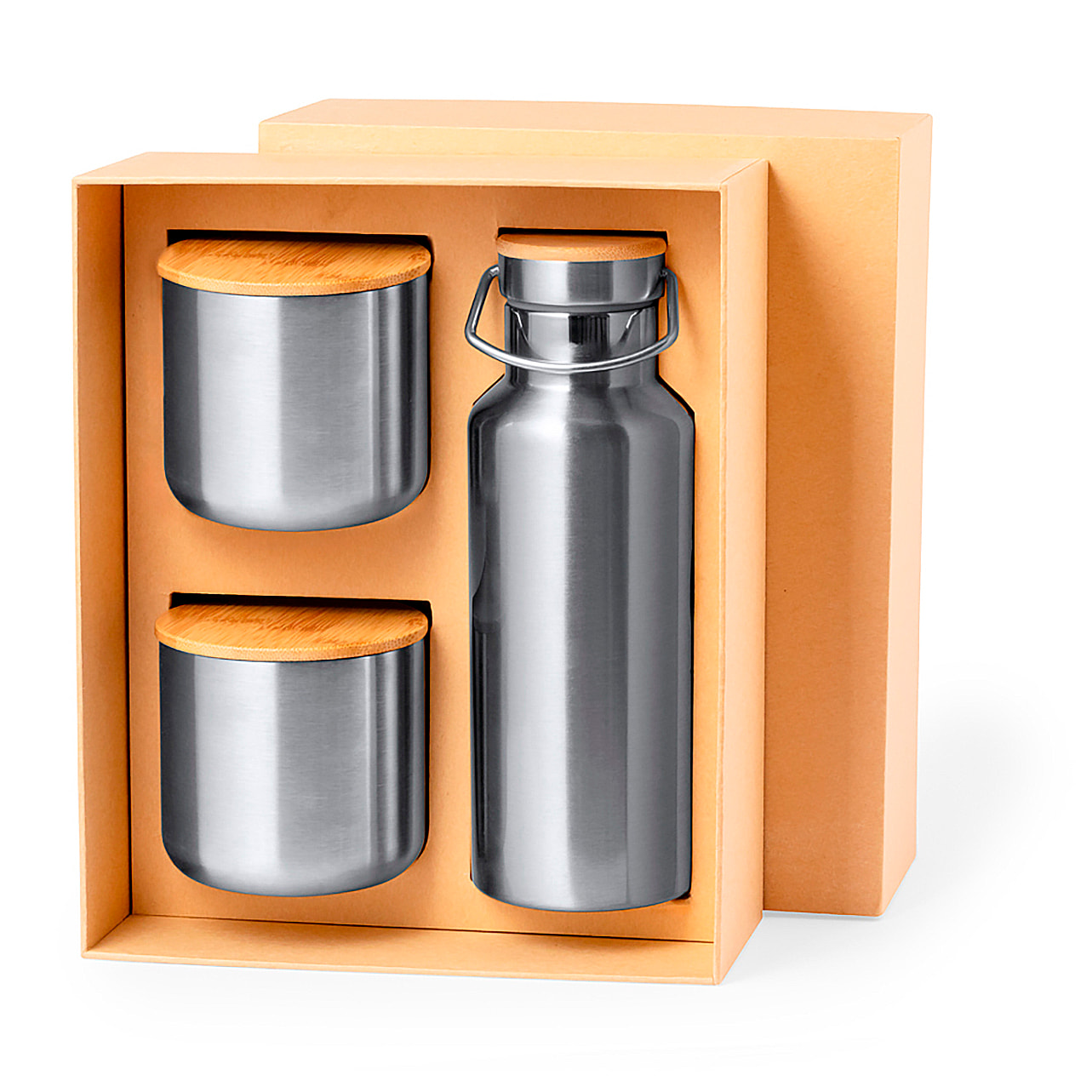 Práctico set de bidón y vasos térmicos en acero inox. Incluye bidón térmico de 500 ml y 2 vasos térmicos de 300ml.