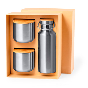 Práctico set de bidón y vasos térmicos en acero inox. Incluye bidón térmico de 500 ml y 2 vasos térmicos de 300ml.