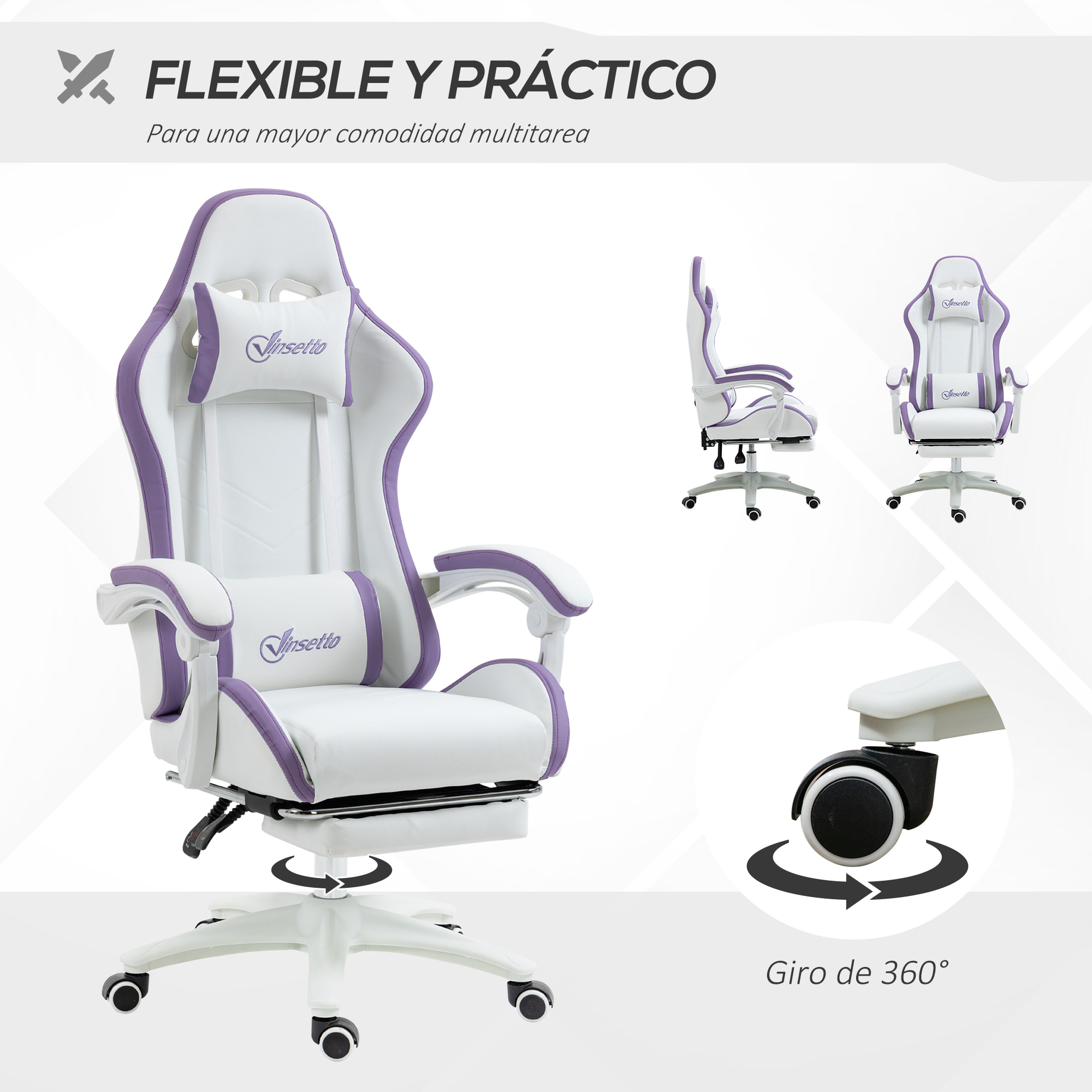 Silla Gaming Ergonómica, Silla Gamer de Cuero PU con Reclinable 135°, Soporte Lumbar, Altura Ajustable, Reposacabezas y Reposapiés Retráctil, para Oficina, Estudio, Blanco y Violeta