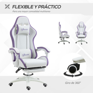Silla Gaming Ergonómica, Silla Gamer de Cuero PU con Reclinable 135°, Soporte Lumbar, Altura Ajustable, Reposacabezas y Reposapiés Retráctil, para Oficina, Estudio, Blanco y Violeta