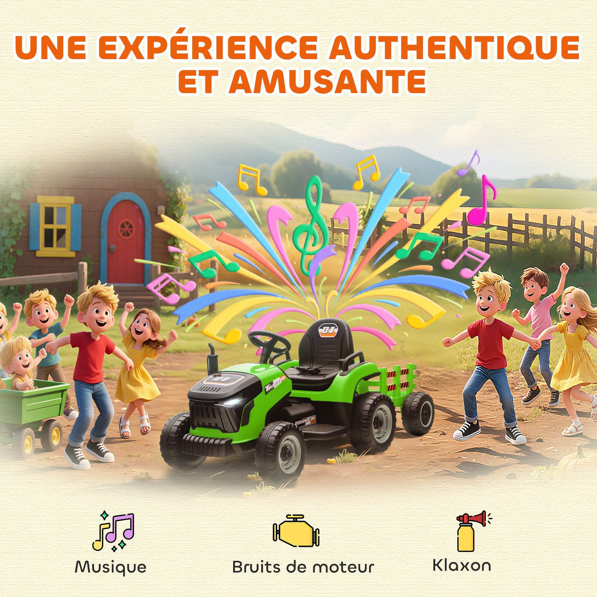 Tracteur électrique enfant avec remorque amovible et télécommande - effets sonores et lumineux - vert