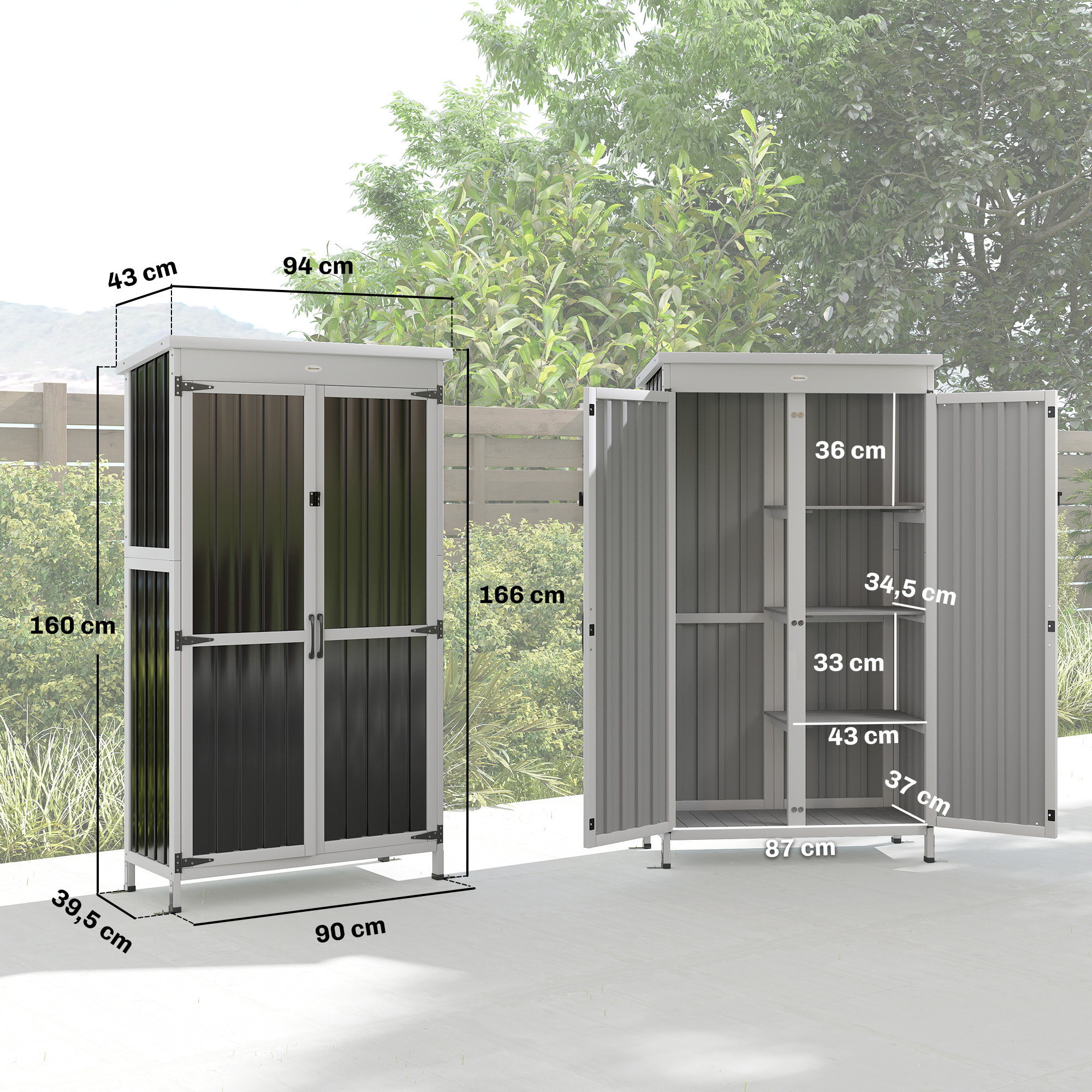 Caseta de Jardín de Madera y Acero 94x43x166 cm, Cobertizo Jardín Exterior, Armario para Herramientas con 2 Puertas, Estantes Ajustables y Techo Impermeable para Patio Terraza, Blanco y Negro