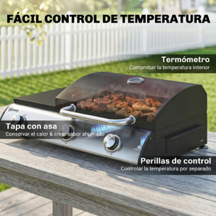Barbacoa de Gas BBQ Gas con 3 Quemadores 7,5 kW, Barbacoa de Mesa Portátil con Parrilla, Plancha, Estante Lateral Convertible, Termómetro, Tapa, Caja de Goteo, Patas Ajustables, Negro