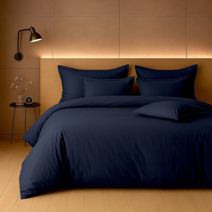 Parure housse de couette percale de coton bleu