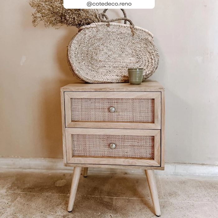 Table de chevet 2 tiroirs en cannage et bois de manguier - Cody