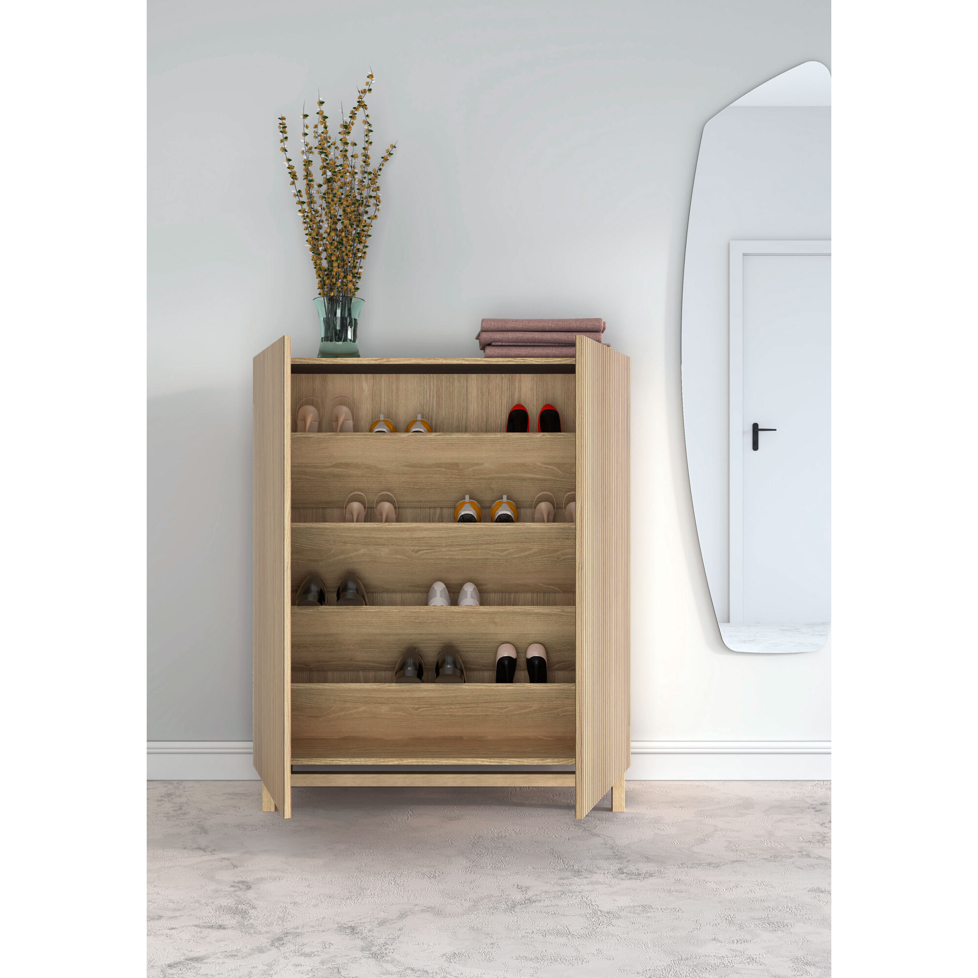 Zapatero Lofoten melamina roble dorado puertas impresión vallado 112x90x27cm