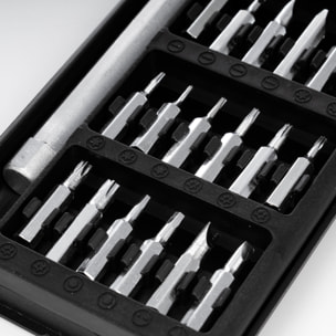 Juego de destornillador 24 en 1 con cuerpo metálico, carcasa con apertura por deslizamiento y puntas de acero.