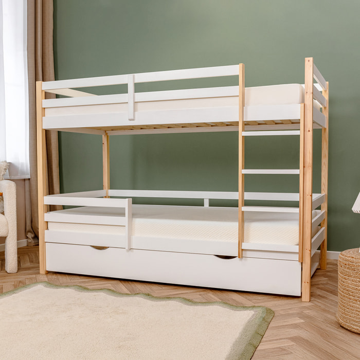 Lit Cabane superposé tiroir sommier bois blanc 90x190cm - Hypnia