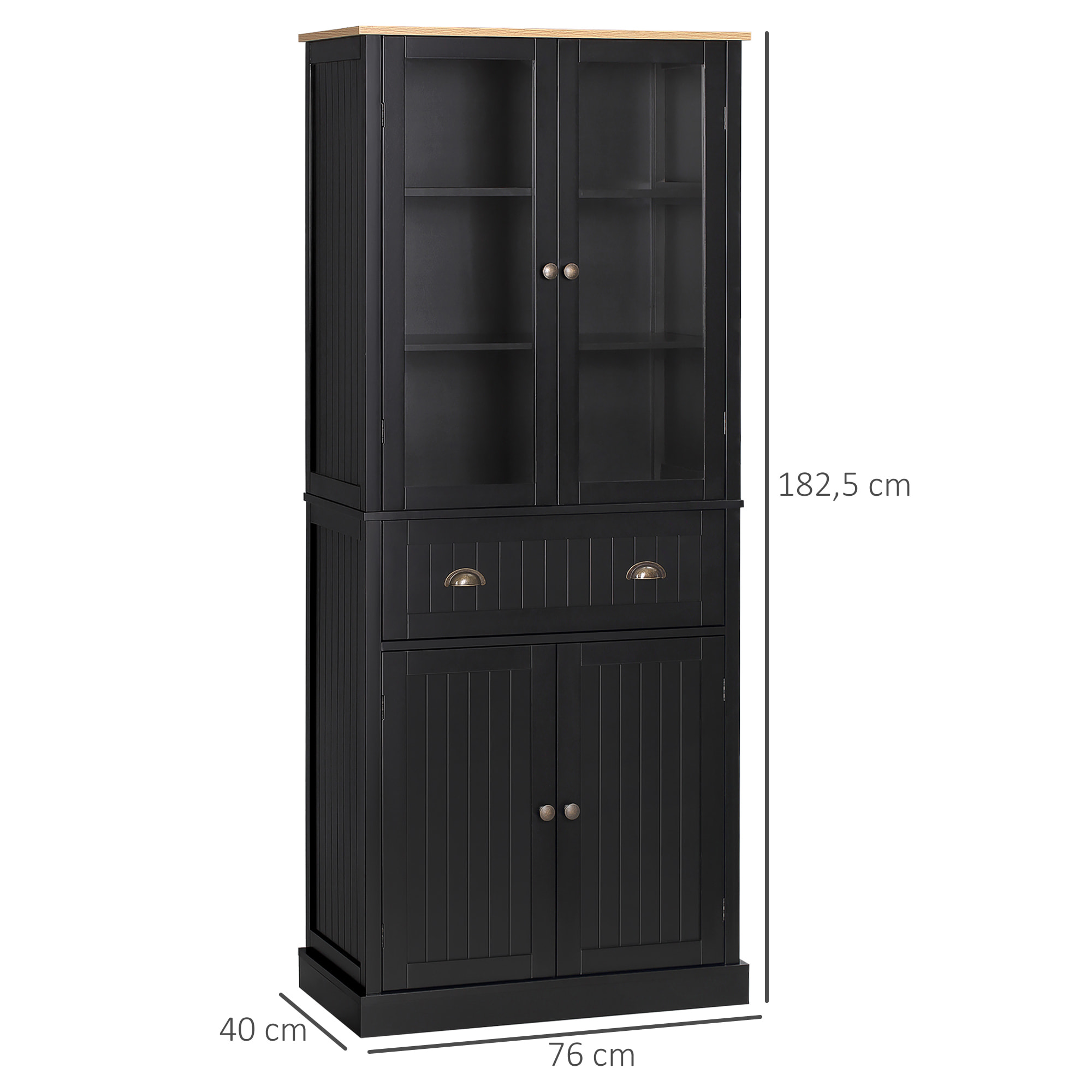 Armoire de cuisine buffet haut 4 portes grand tiroir coulissant dim. 76L x 40l x 182H cm panneaux noir verre