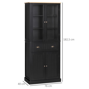 Armoire de cuisine buffet haut 4 portes grand tiroir coulissant dim. 76L x 40l x 182H cm panneaux noir verre