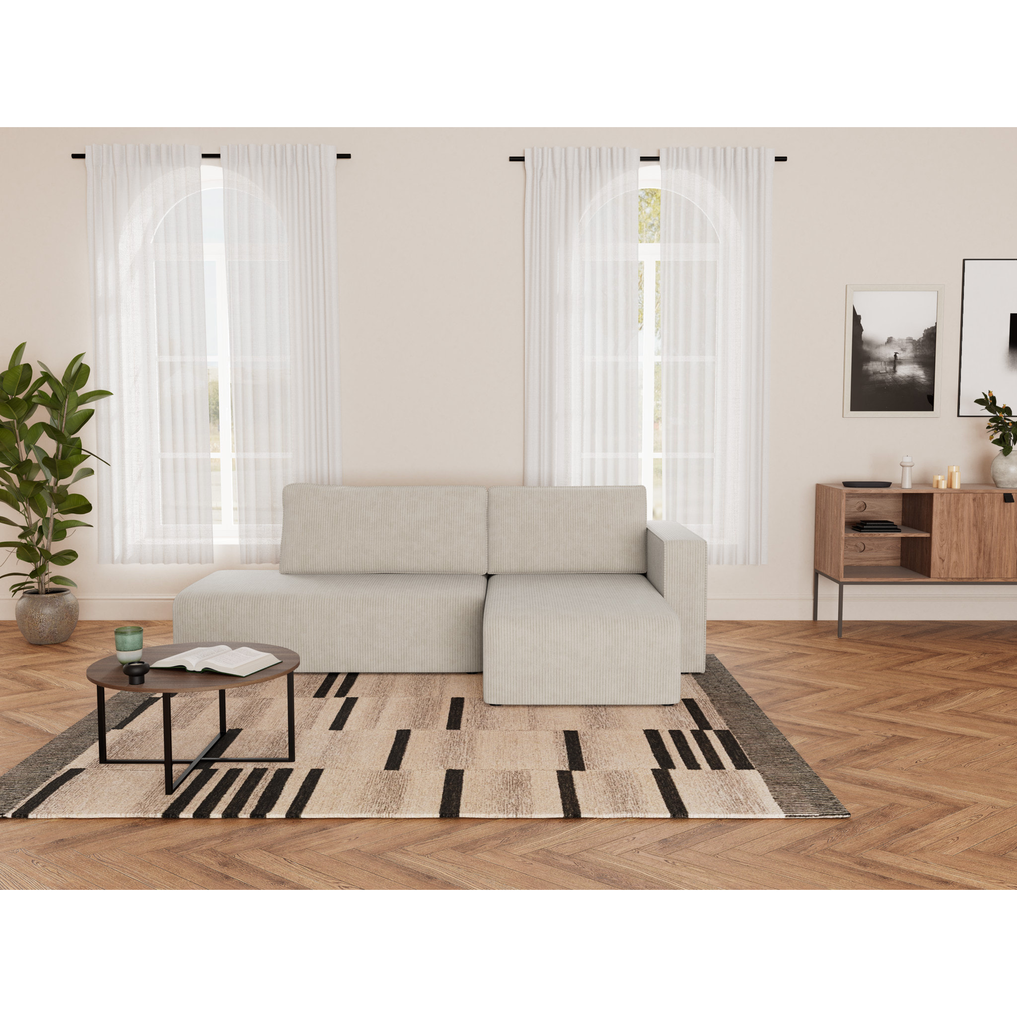 Topaze - canapé d'angle droit 4 places convertible avec coffre sans accoudoir en velours côtelé - Beige