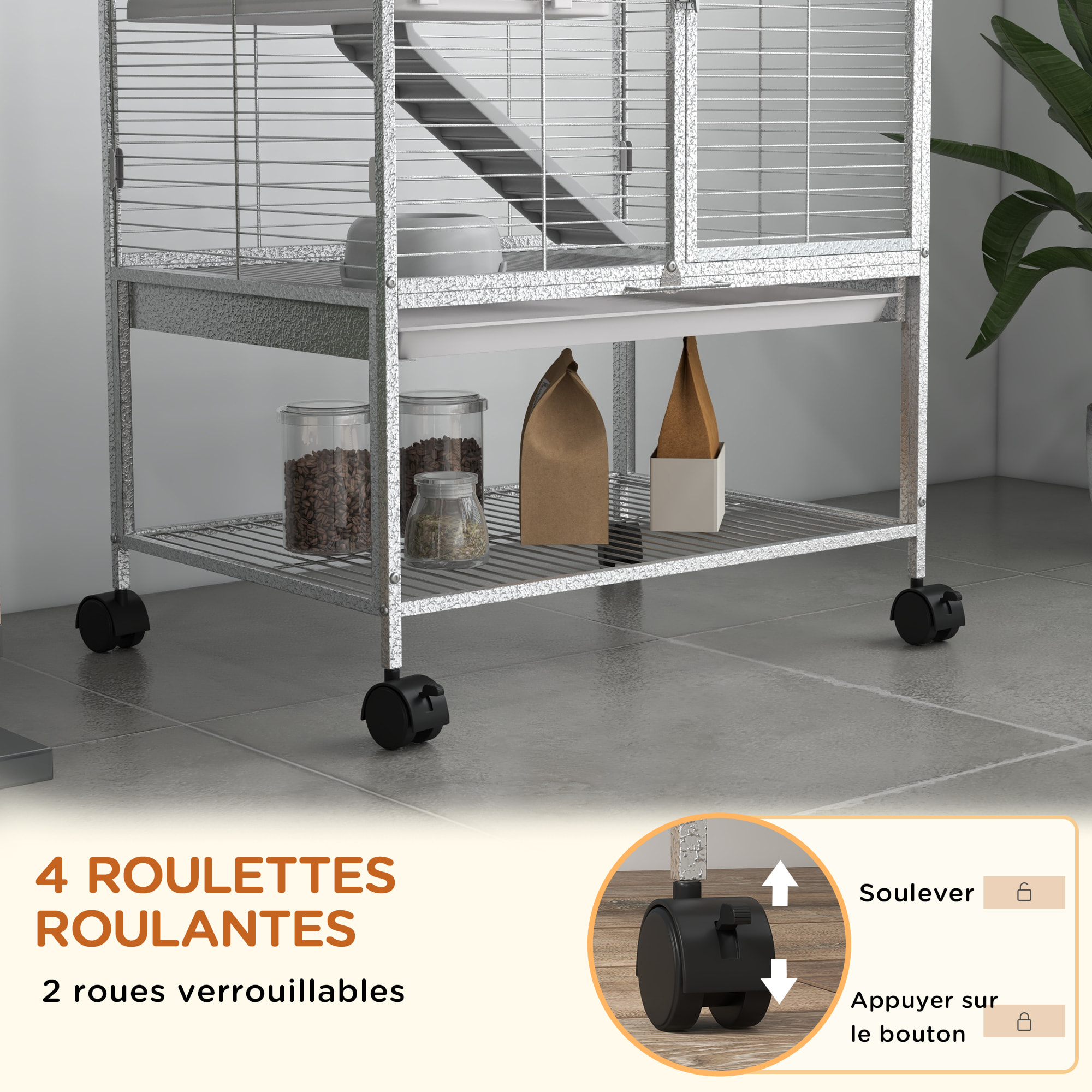 Cage pour rongeurs furet chinchilla plateforme rampe 2 portes biberon gamelle plateau étagère acier gris clair