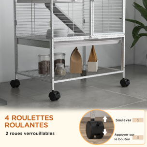 Cage pour rongeurs furet chinchilla plateforme rampe 2 portes biberon gamelle plateau étagère acier gris clair