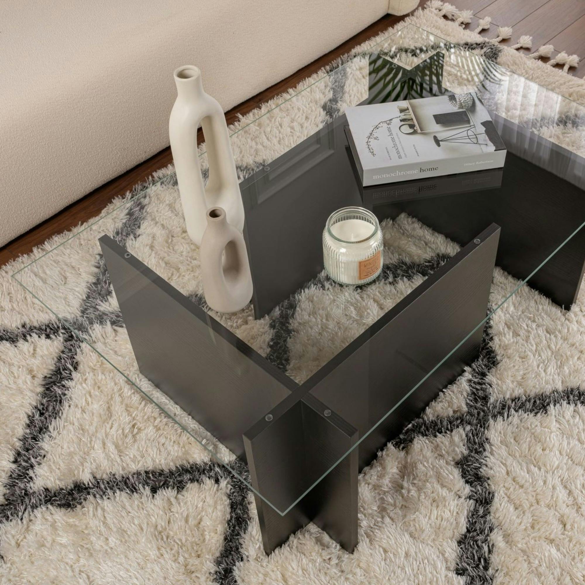 Table basse verre déstructurée – effet bois noir, H. 40 cm SALTA